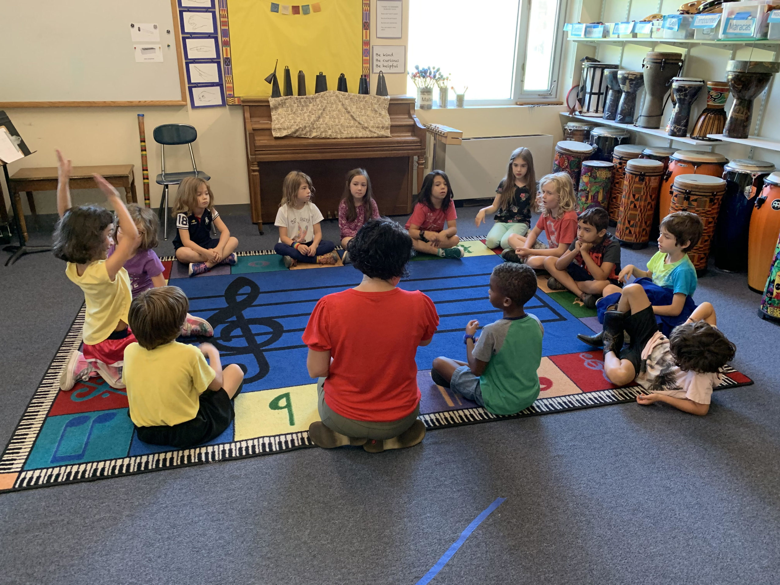 Elementary school students pay attention during instrumental music class at Cambridge Friends School.