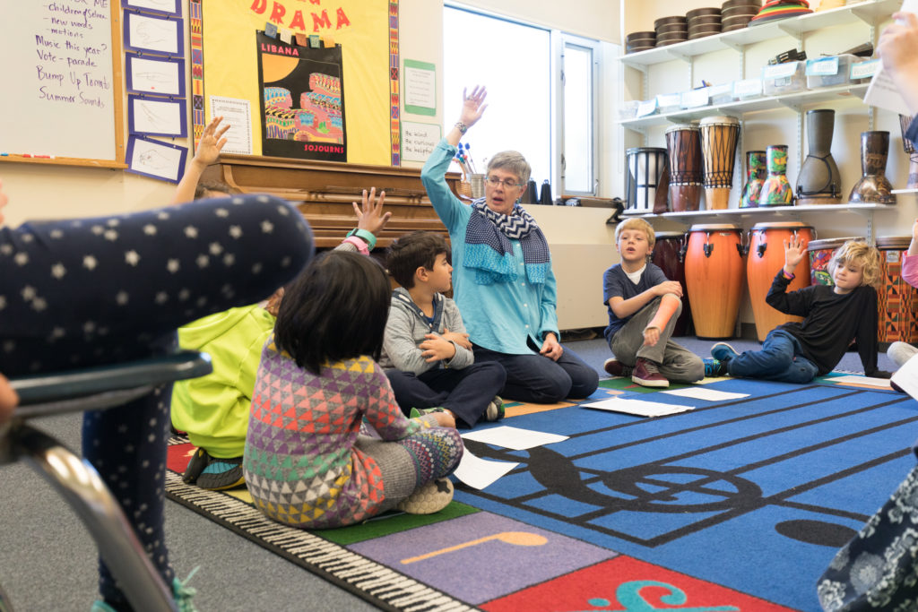 Elementary music class, where students learn music and performing arts at Cambridge Friends School.