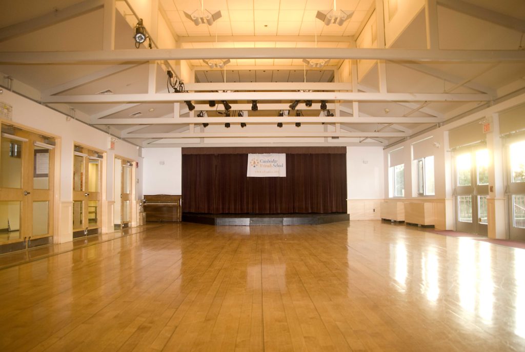 Meeting Hall space at Cambridge Friends School - used for class meetings, drama class, community dinners, and breakout sessions.