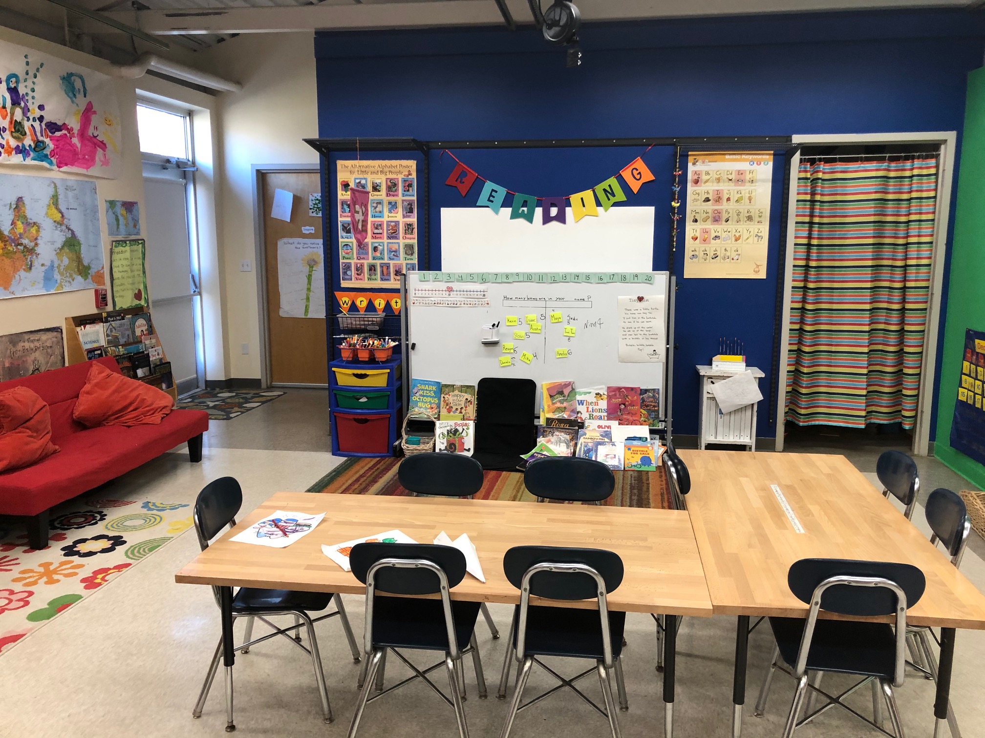 Reading area in Pre-K and Kindergarten classroom at Cambridge Friends School