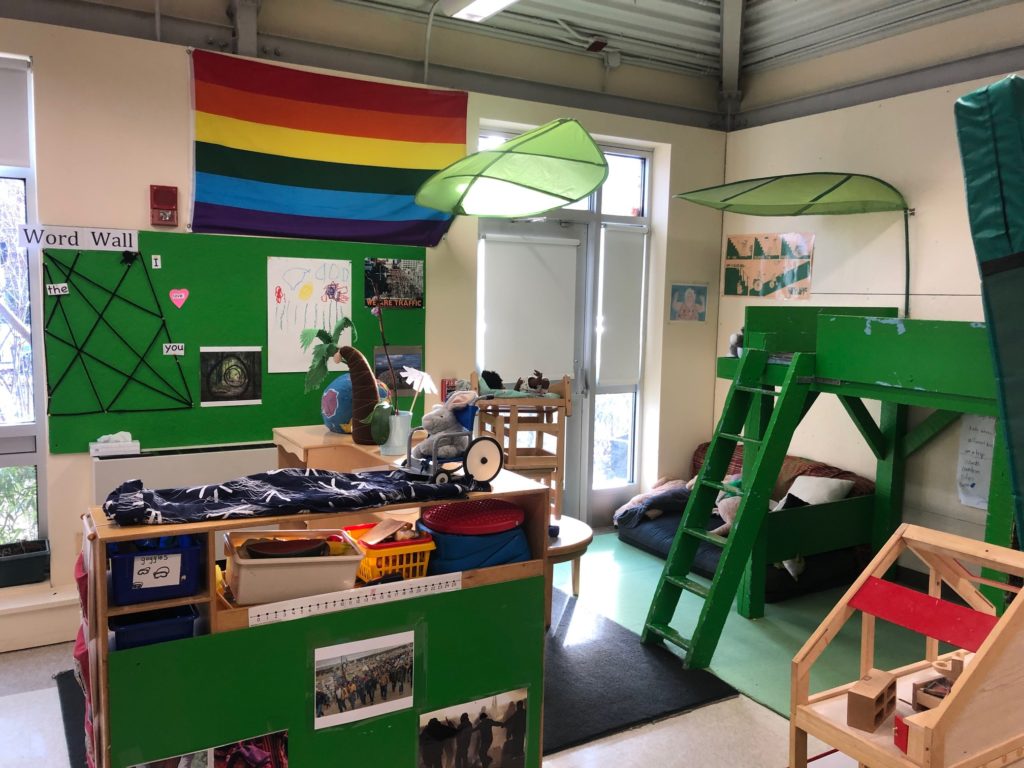 Play structure and imaginative play area in Pre-K and Kindergarten classroom at Cambridge Friends School